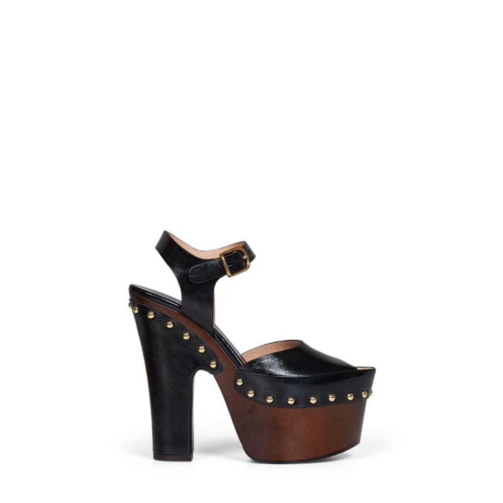 Chloé Women Black Shiny Calfskin Leather Meret Platform Clogs